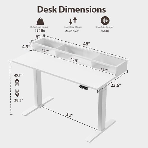 Agilestic Glass Standing Desk with Storage, 48 Inch Electric Adjustable Desk with Glass Shelf, Sit Stand Up Home Office Computer Table, Splice Board, White Agilestic