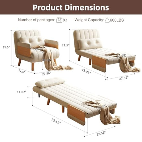 FLOCQISEM Convertible Chair Bed, Futon Sofa Bed Sleeper Chair with Solid Wood Leg and Storage Pocket, Linen Fabric Sofa Couch Guest Bed for Living Room, Bedroom, Office, Apartment (27.56) FLOCQISEM