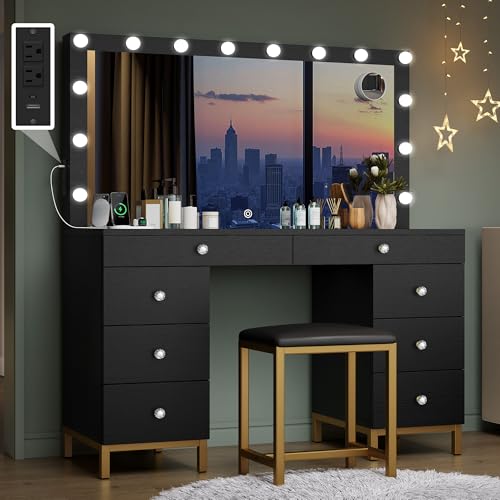 YITAHOME Makeup Vanity Desk with LED Mirror & Light, Large Makeup Table with 8 Drawers, Magnifying Glass, Power Outlets, Hairdryer Holder & Cushion Stool for Dressing Room, Black Vanity Set YITAHOME