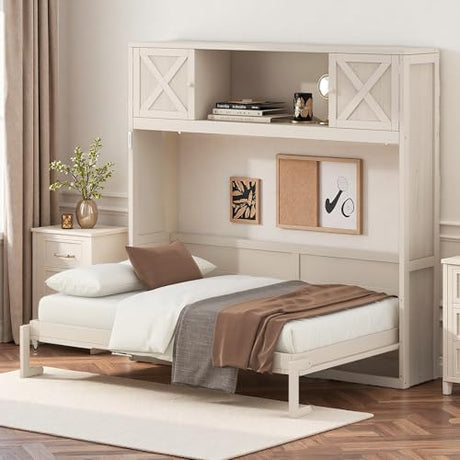 SOFTSEA Full Size Horizontal Murphy Bed with Storage Cabinets, Wood Hideaway Platform Bed Frame with Open Shelf, Wall Bed for Home Guest Room Small Room, Beige SOFTSEA
