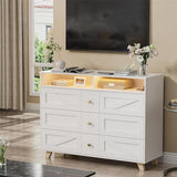 PAKASEPT Farmhouse White Dresser with Led Lights for Bedroom w/6 Drawers & Wide Chest of Drawers, Rustic Dresser TV Stand w/Shelf, Dresser Organizer for Bedroom, Living Room, Entryway, White PAKASEPT