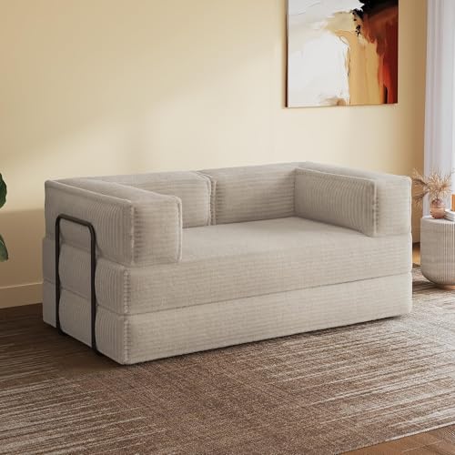 WLIVE 87'' Futon Sofa Bed, Convertible Sleeper Sofa, Folding Pull Out Couch Boneless Mattress with Fixed Frame, Corduroy, Beige WLIVE