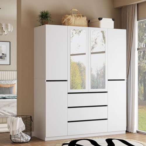 Wakefit 6 Door Armoire Wardrobe Closet with Large 3 Drawers & 2 Mirror, Wooden Bedroom Armoires with Shelves and Hanging Rod, Freestanding Wardrobe Cabinet for Bedroom, Guest Room (White) Wakefit