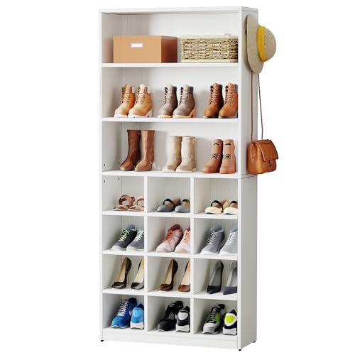 Tribesigns Shoe Cabinet, 24 Pair Freestanding Shoe Rack Storage Organizer with Side Hooks, Modern Shoe Storage Cabinet with Shelves for Hallway Bedroom Closet Entryway, 1PC - WoodArtSupply