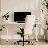 Sweetcrispy Ergonomic Office Chair Heavy Duty Task Desk Chair with Flip-up Arms, PU Leather, Adjustable Swivel Rolling Chair with Wheels, Beige Sweetcrispy
