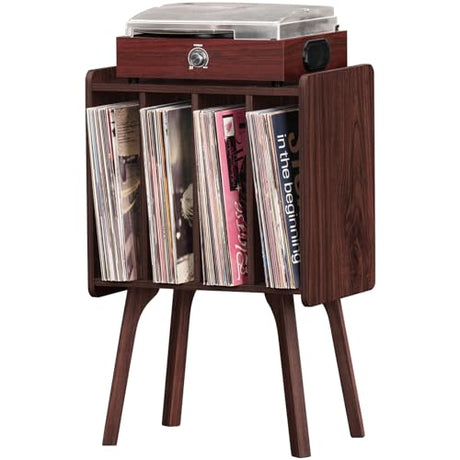LELELINKY Small Record Player Stand - Width 11.7 in, Walnut Vinyl Record Storage Table with 4 Cabinet Up to 80 Albums, Vinyl Holder with Wood Legs,Turntable Stand Display Shelf for Bedroom Living Room LELELINKY