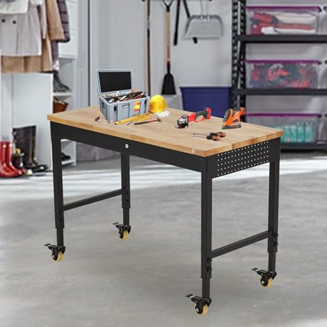Adjustable Height Workbench,60" x 22" Worktable,Heavy Duty Rubberwood Top,2000LB Capacity,Metal Frame, Lockable Wheels, Power Outlets – Garage & Workshop Table – Black FinerFurnis