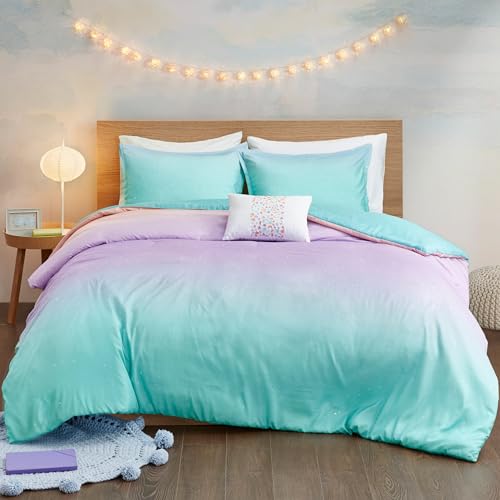 Intelligent Design Queen Duvet Cover Set Full Bed Reversible Colorful Metallic Glitter Ombre Printed Modern, All Season Bedding, Sham & Toss Pillow, Glimmer Pink Purple Rainbow Full/Queen, 4 Piece Intelligent Design