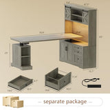 Homiflex 70.86" Farmhouse L Shaped Standing Desk with Hutch Electric Height Adjustable Desk with Storage Corner Computer Desk with File Drawer Power Outlets LED Gaming Desk with Sliding Door, Grey Homiflex