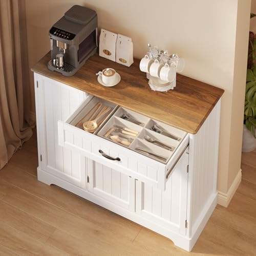 Gizoon Kitchen Coffee Bar Cabinet with Storage Kitchen Sideboard Buffet Cabinet with Drawers, Short Pantry with Door and Shelves for Bathroom and Living Room, White and Rustic Gizoon