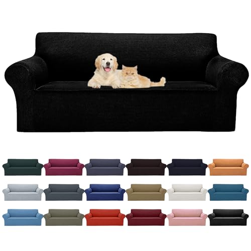 Cupuamon 2026 New Stretch Sofa Slipcovers Couch Cover for 3 Cushion Furniture Protector Sofa Covers with Elastic Bottom Jacquard Fabric Small Checks for Pets, Kids -Sofa, Black Cupuamon
