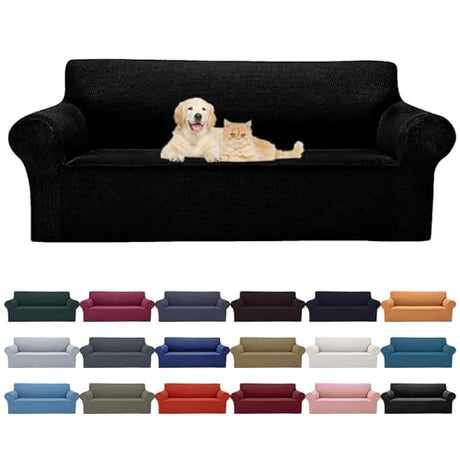 Cupuamon 2026 New Stretch Sofa Slipcovers Couch Cover for 3 Cushion Furniture Protector Sofa Covers with Elastic Bottom Jacquard Fabric Small Checks for Pets, Kids -Sofa, Black Cupuamon