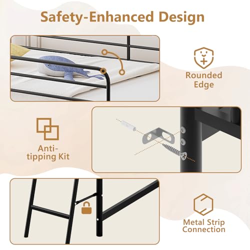 JOYMOR Low Loft Bed with Inclined Ladder, Metal Twin Size Bed Frame with 15” High Guardrail for Boys Girls, Junior, Space Saving, Mattress Not Included (Black) JOYMOR