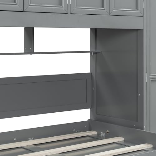 MERITLINE Twin Horizontal Murphy Bed with Desk and Storage Wardrobe,Cabinets,Shelves and Drawers, Wood Space-Saving Hidden Murphy Wall Bed for Teens Adults (Twin,Grey) MERITLINE