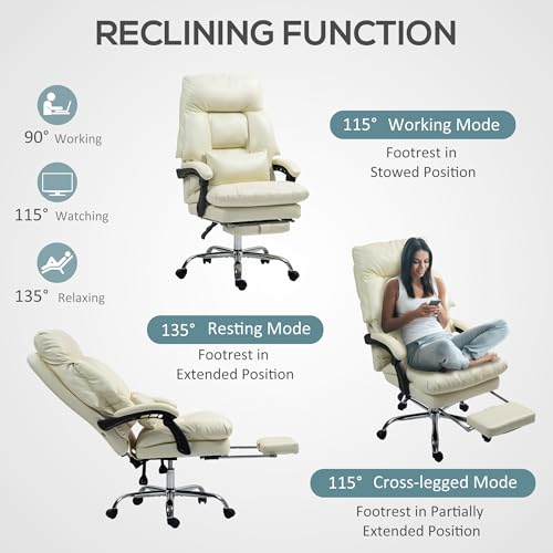 HOMCOM Overstuffed Executive Office Chair, PU Leather Reclining Swivel Desk Chair with High Back, Foot Rest, Thick Padded, 300 lbs, Cream White HOMCOM