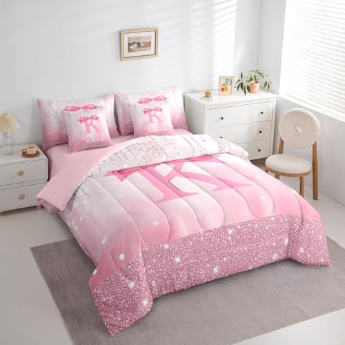 Feelyou Kids Pink Bowknot 7 Pieces Bedding Set Full Size, Personalized Initial K Bed in A Bag Princess Glitter Comforter Set with Sheets Boys Girls Bow Alphabet Teens Bed Set Bedroom Decor 7Pcs Feelyou