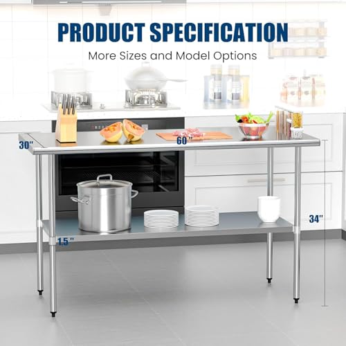 Chingoo Stainless Steel Table 30 x 60 Inches Metal Prep Table with Adjustable Undershelf for Commercial Kitchen & Outdoor Use Chingoo