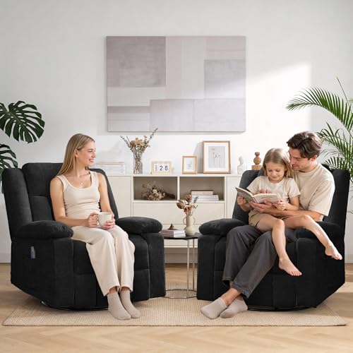 Korser Rocker Recliner Chair for Adults, 360° Swivel Rocker Recliner with Massage and Heating, Nursery Rocking Chairs with Side Pockets, Manual Reclining Chair for Living Room, Bedroom or Nursery