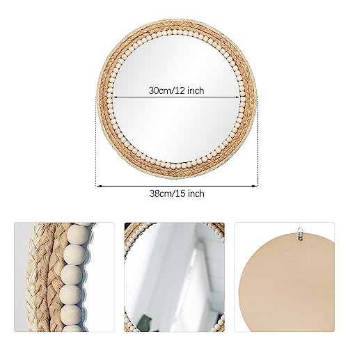 SWTHONY 15 Inch Boho Round Hanging Wall Mirror Decorative Rattan Circle Wall Mounted Mirror for Farmhouse, Living Room, Bedroom, Bathroom SWTHONY