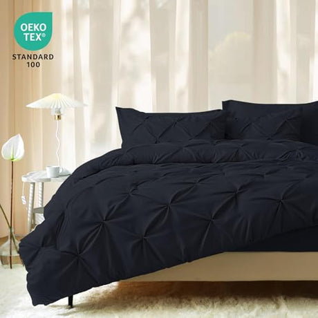 JOLLYVOGUE Full Size Comforter Sets 7 Pieces - Bed in a Bag Full for All Season, Pintuck Bedding Comforter Sets with Comforter, Flat Sheet, Fitted Sheet and Pillowcases & Shams, Black JOLLYVOGUE
