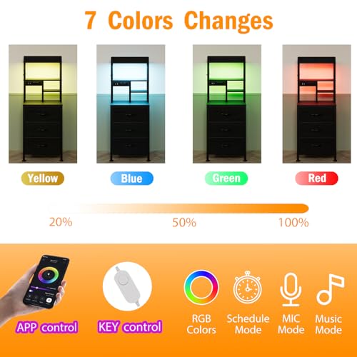 Furnulem Tall Nightstand with 3 Drawers, LED Lights, and USB Charging Ports - Versatile Beadside Table in Black Oak Furnulem