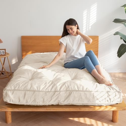 MAXYOYO 6" Futon Mattress Queen Size, Velvet Thick Futons Sofa Couch Bed, Floor Mattress for Adults, Shredded Foam Filling (Frame Not Included), Beige, 60x80 Inch MAXYOYO