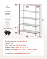 VEVOR Stainless Steel Shelving 48x18.5 Inch 5 Tier Adjustable Shelf Storage Unit Stainless Steel Heavy Duty Shelving for Kitchen Commercial Office Garage Storage 330lb Per Shelf VEVOR