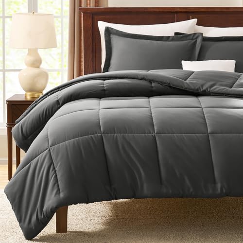 CozyLux Queen Comforter Set - Dark Grey Comforter Queen Size, 3 Pieces Box Stitched Bed Set for All Seasons, Soft Lightweight Bedding Sets with 1 Down Alternative Comforter and 2 Pillow Shams CozyLux