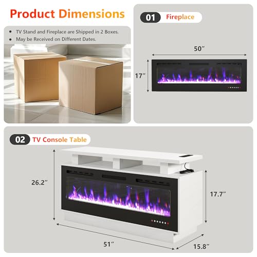 Fireplace TV Stand with 50" Smart Electric Fireplace, Solid Wood Fire Place with Mantel, Modern Fireplace Cabinet with Socket for Living Room Farmhouse Entertainment Center White, (50 inch, WiFi) ROCSUMOO