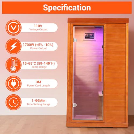 Bowear Far Infrared Sauna for 1-2 Person, 110V 1120W Indoor Home Sauna with Bluetooth Audio, 7 Colors Light Therapy, Reading Lamp, Time & Temperature Adjustable, Oguman Wood Dry Sauna Bowear
