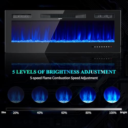 OneBlis Electric Fireplace, 50 inch Wide Recessed/Wall Mounted Electric Fireplace, Remote Control with Timer, 12 Adjustable Color Flame, Log Set & with Crystal Stone, 750/1500W OneBlis