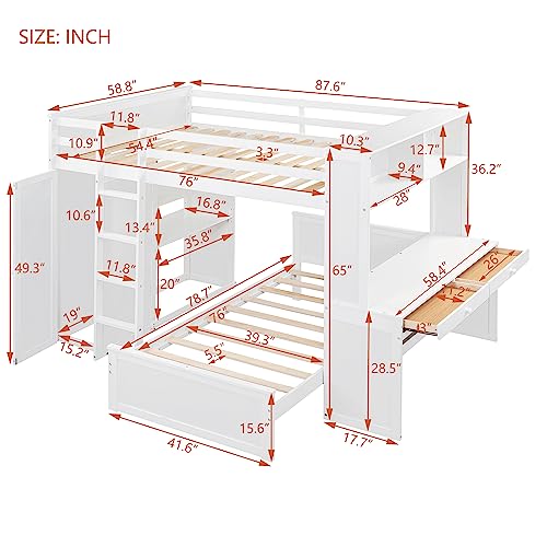 Full Over Twin Bunk Beds with Desk and Drawers , Wooden Full Size Loft Bed with Removable Twin Bed , Wardrobe and Shelves , Storage Bunk Bed with Ladder & Guardrails for Kids Girls Boys , White Harper & Bright Designs