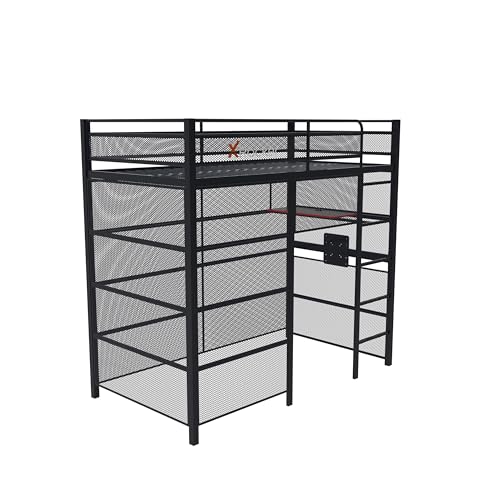 X Rocker Battle Den Twin Size Gaming Bunk Bed, Metal Frame with Grid Mesh Sides, High Sleeper, Fixed Ladder, Black X Rocker