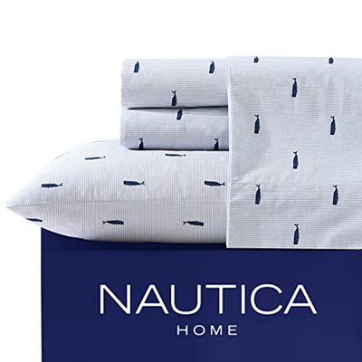 Nautica - Queen Sheets, Cotton Percale Bedding Set, Crisp & Cool, Coastal Home Decor (Whale Stripe Blue, Queen)