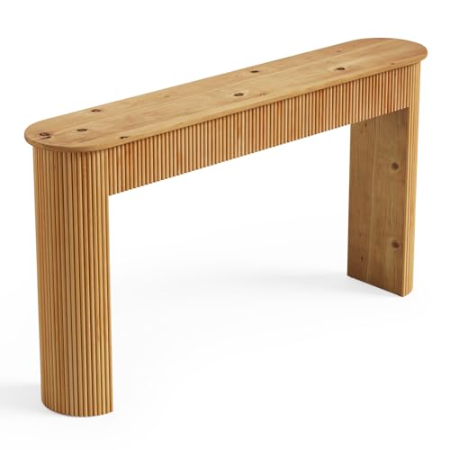 TRIBEWOOD Solid Wood Console Table, 63" Long Retro Entryway Table with Vertical Fluted Stripes and Wide Solid Wood Legs, for Living Room, Hallway, Behind Sofa, Next to Entrance TRIBEWOOD