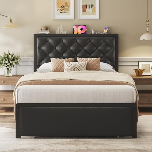 Fluest Twin Bed Frame with Storage Drawer, Upholstered Headboard Button Tufted Bed Frame with Charging Station, No Box Spring Needed, Noise-Free, All Metal Structure, Black Fluest