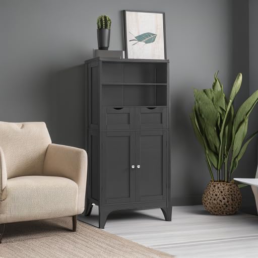 Iwell Tall Bathroom Cabinet, Storage Cabinet with 2 Drawers & Adjustable Shelves, Bathroom Storage Cabinet for Living Room, Dining Room, Entryway, Black Iwell