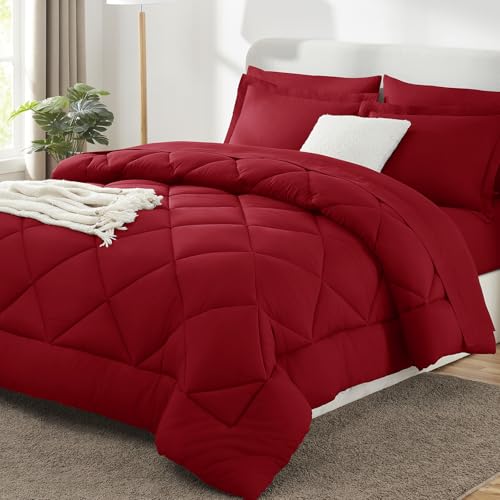 CozyLux King Size Comforter Set Dark Red - 7 Pieces Bed in a Bag King, Luxury Soft Bed Set for All Seasons, Bedding Set with Down Alternative Comforter, Sheets, Pillowcases & Shams