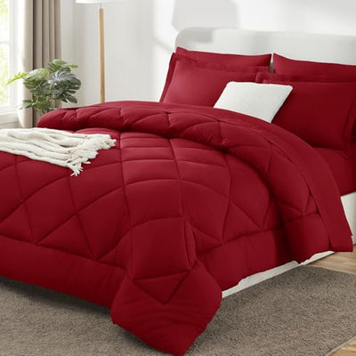 CozyLux King Size Comforter Set Dark Red - 7 Pieces Bed in a Bag King, Luxury Soft Bed Set for All Seasons, Bedding Set with Down Alternative Comforter, Sheets, Pillowcases & Shams