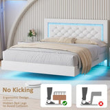 BarnFurin Floating Bed Frame with LED Lights, Upholstered Platform Bed with Diamond Tufted Headboard (White, Full) BarnFurin
