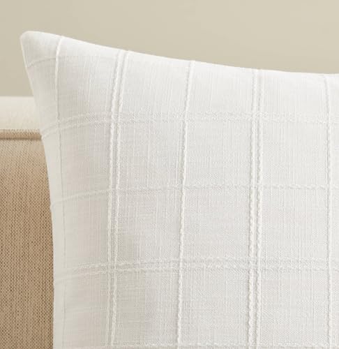 ZeeMart Linen Checked Throw Pillow Covers Set of 2, 18x18 Inch White/Natural White, Farmhouse Decorative Single Sided Grid Embroidered Couch Pillow Cases Cotton Linen Cushion Covers ZeeMart