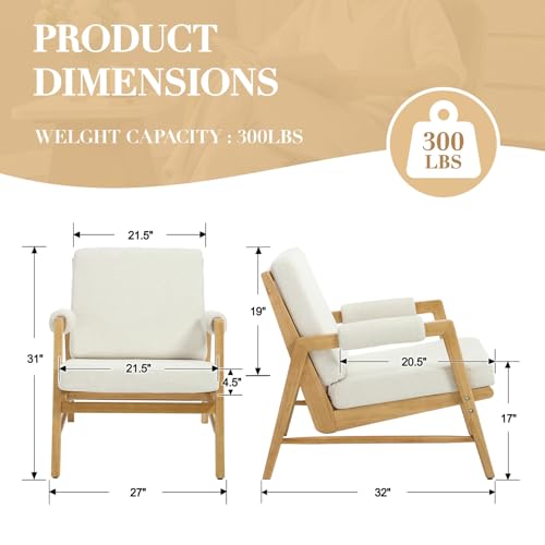 CIMOTA Mid Century Modern Accent Chair, Linen Upholstered Living Room Chairs with Arms, Comfy Reading Chair with Solid Wood Frame, High Back for Bedroom, Waiting Room, Office, Beige CIMOTA