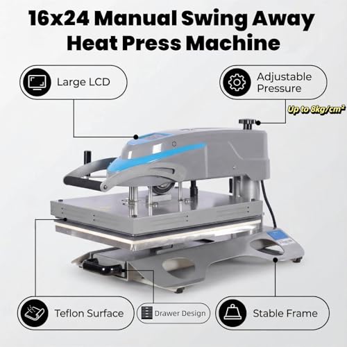 Eonvest 16x24 Manual 90° Swing Away Heat Press Machine with Slide Out Base, 2kw, High Pressure, Designed for Industrial, Small Business, or Home Use. (Grey and Blue, 16x24 Manual) Eonvest