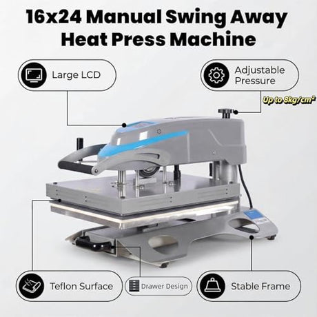 Eonvest 16x24 Manual 90° Swing Away Heat Press Machine with Slide Out Base, 2kw, High Pressure, Designed for Industrial, Small Business, or Home Use. (Grey and Blue, 16x24 Manual) Eonvest