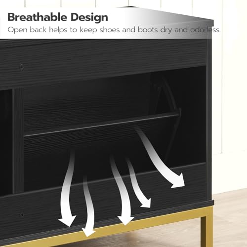 HOOBRO Shoe Bench with Storage, Shoe Storage Bench with 2 Flip Drawers, 39.4" Shoe Cabinet with Bench, Hidden Shoe Rack Organizer for Entryway, Foyer, Hallway, Mudroom, Black and Gold DB48HX01 HOOBRO