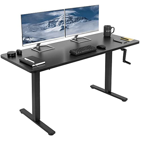 VIVO Manual Height Adjustable 60 x 24 inch Stand Up Desk, Black Solid One-Piece Table Top, Black Frame, Standing Workstation with Foldable Handle, DESK-KIT-MB6B VIVO