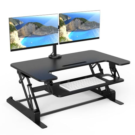 Mount-It! Standing Desk Converter Dual Monitor, 2 Screen Mounts Included, Height Adjustable Desk Riser in Black, Stand Up Desk Convertor Large 36" Wide, Sit Stand Convertor with Manual Lift Gas Spring Mount-It!
