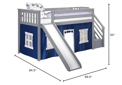 Max & Lily Twin Low Loft Bed with Stairs and Slide in Grey/Blue with Fun Curtains - WoodArtSupply