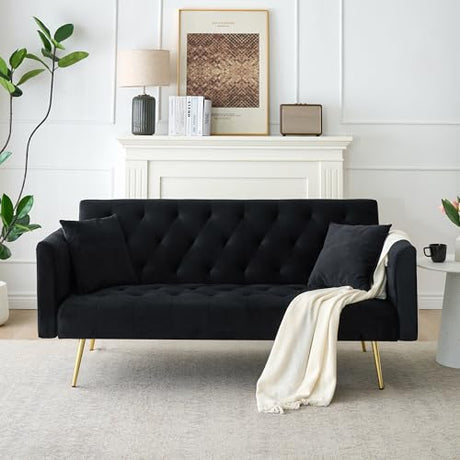 Anwick 72" Modern Velvet Sofa Bed Futon,Convertible Folding Sleeper Bed Couches with 3 Adjustable Backrests,Tufted Recliner Loveseat with Golden Chrome Legs for Small Living Room Office (Black) Anwick