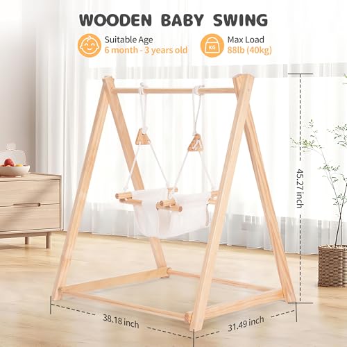 Wooden Swing Set for Toddler 6-36 Month, Foldable Baby Swing with Stand & 2 Sandbags, Kid Swing for Indoor Outdoor Backyard, Pine Wood - WoodArtSupply